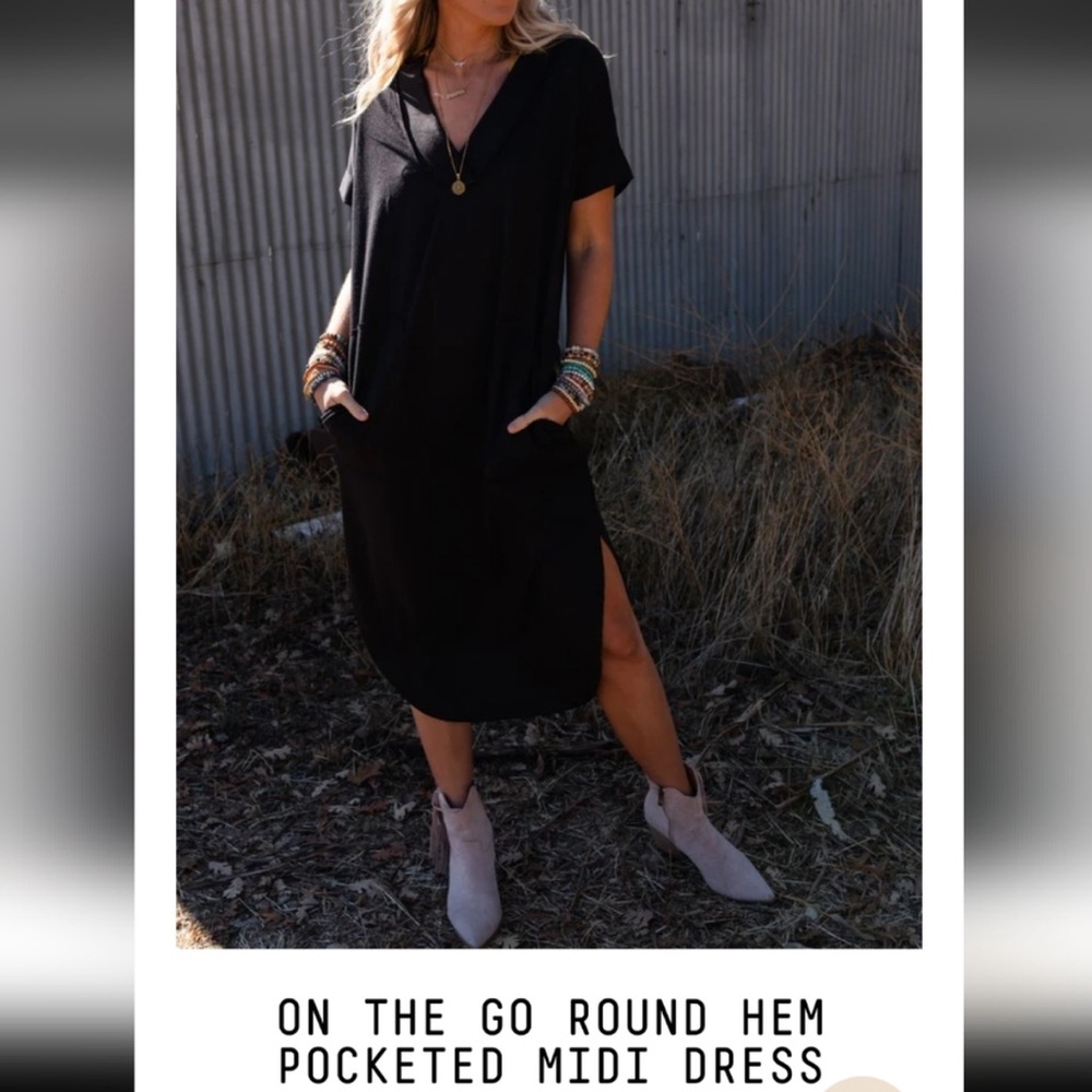 EUC Three Bird Nest On The Go Round Hem Pocketed Midi Dress - Black, Medium - Picture 4 of 15